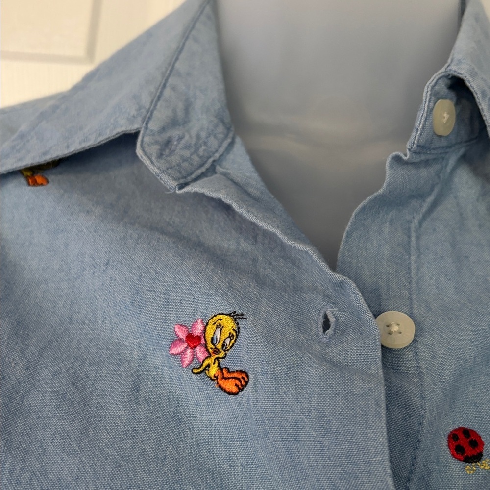 WB Warner Bros. Looney Tunes Tweety Bird Button Up Chambray Blouse Shirt size XS - Picture 5 of 15
